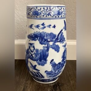 Formalities by Baum Bros Blue White Chinese Vase with Birds Trees Roosters Owl